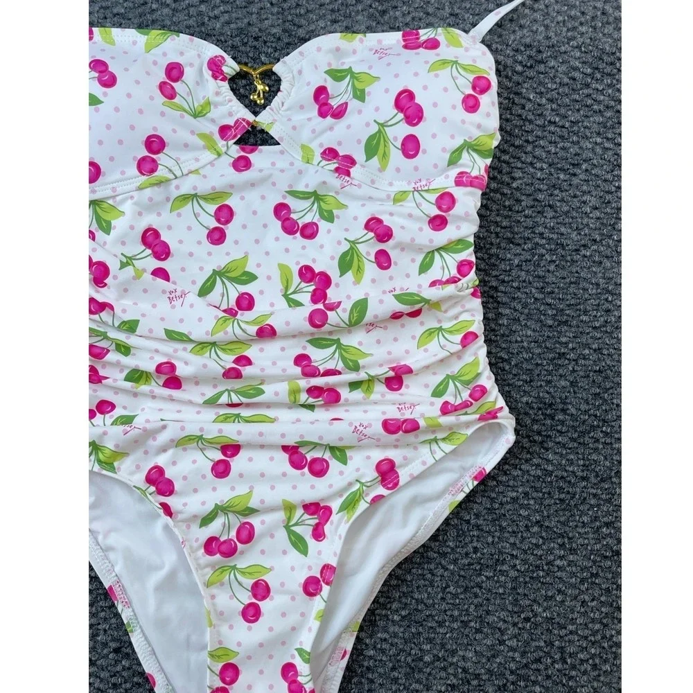 Betsey Johnson‎ Womens White Cherry Bomb Bandeau Swimsuit With Cover-Up Skirt S
